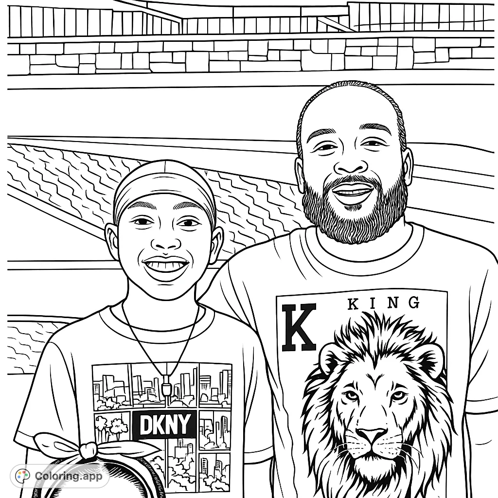 A heartwarming father and son portrait in an urban setting, featuring a lion graphic and cityscape design. Perfect for all ages to color and personalize.