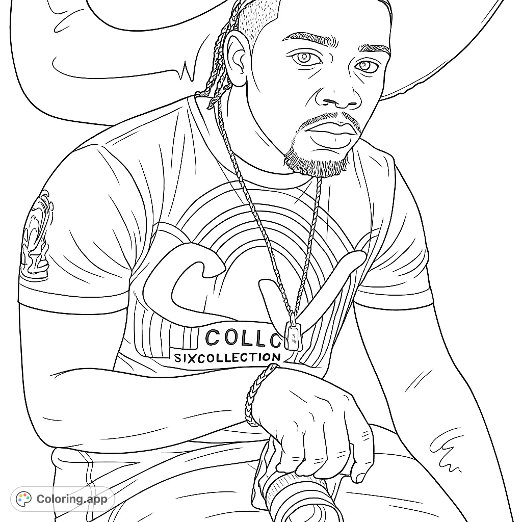 Dynamic urban portrait coloring page featuring a man with braided hair, stylish attire, and accessories, perfect for creative expression.