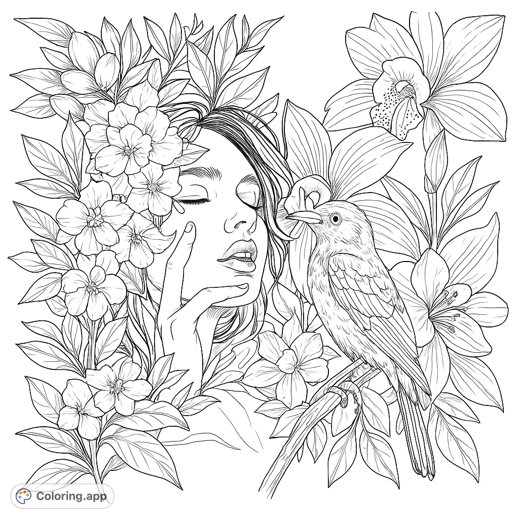A beautiful woman's face surrounded by lush flowers and a detailed bird, perfect for a relaxing floral beauty coloring page.