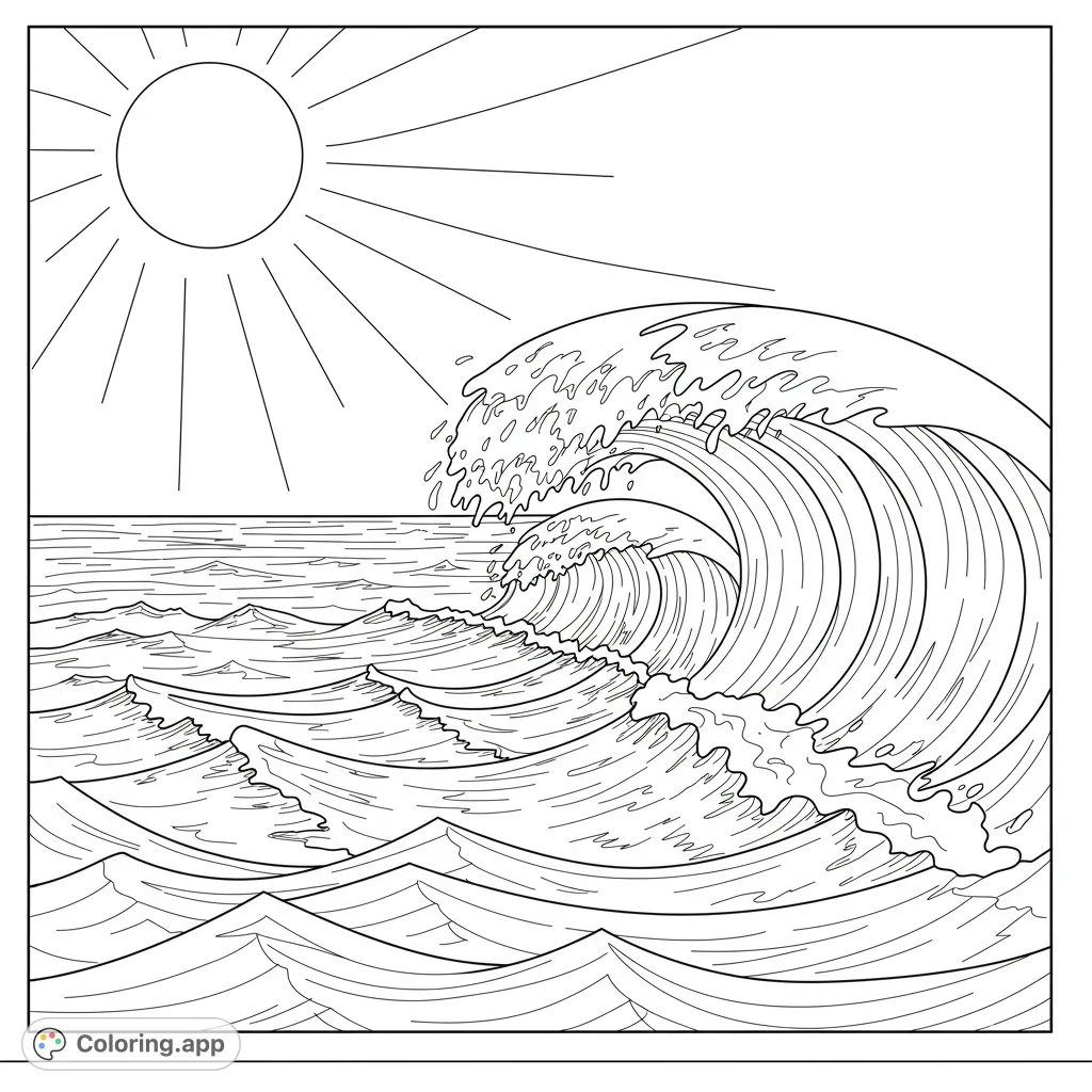 Dynamic ocean wave crashing under a bright sun, with detailed water textures for a captivating free printable ocean wave coloring page.