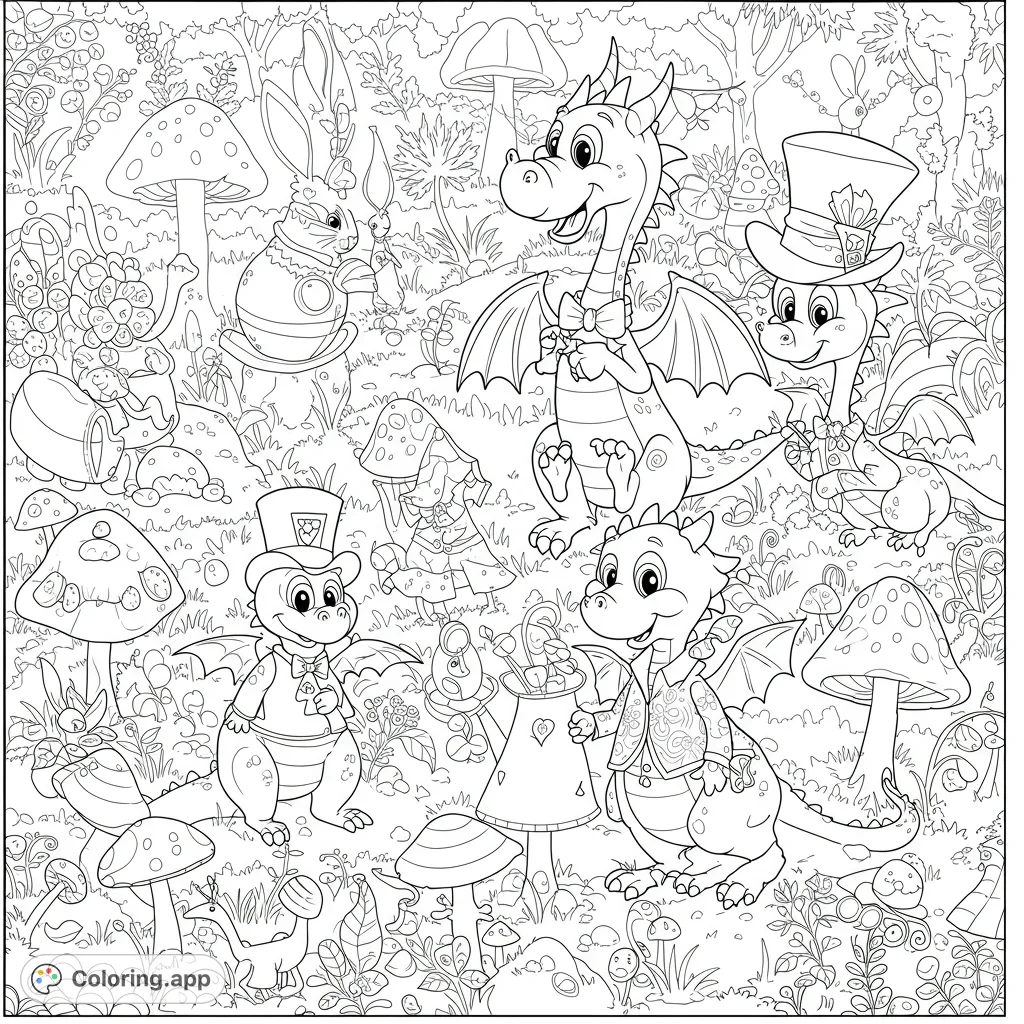 Enter a whimsical dragon forest party! Four charming dragons and forest friends await your colors amidst magical mushrooms and lush foliage. A delightful fantasy adventure.