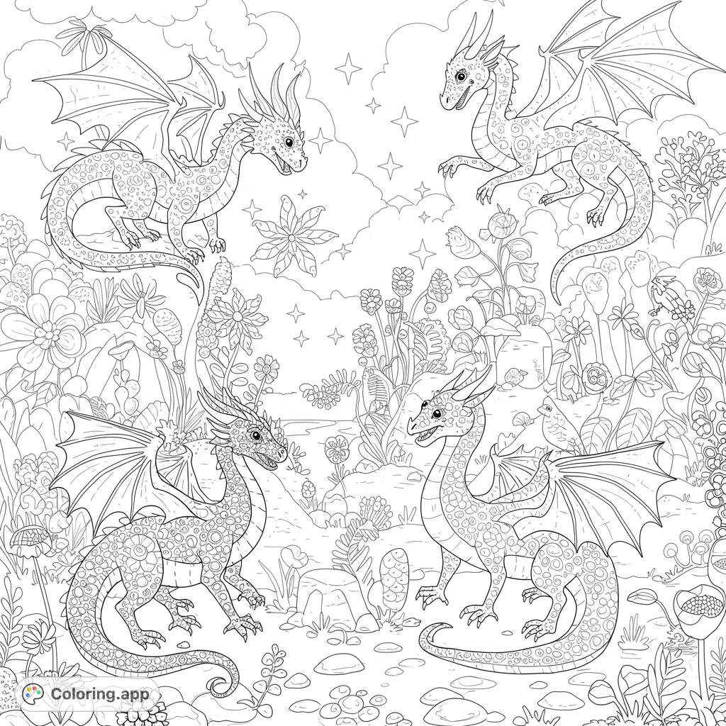 Four whimsical dragons explore a magical garden filled with intricate flowers and sparkling stars. A delightful fantasy coloring page for all ages.