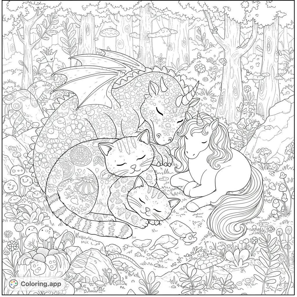 A heartwarming fantasy creatures coloring page featuring a dragon, unicorn, and two cats peacefully sleeping in an enchanted forest. Intricate details.