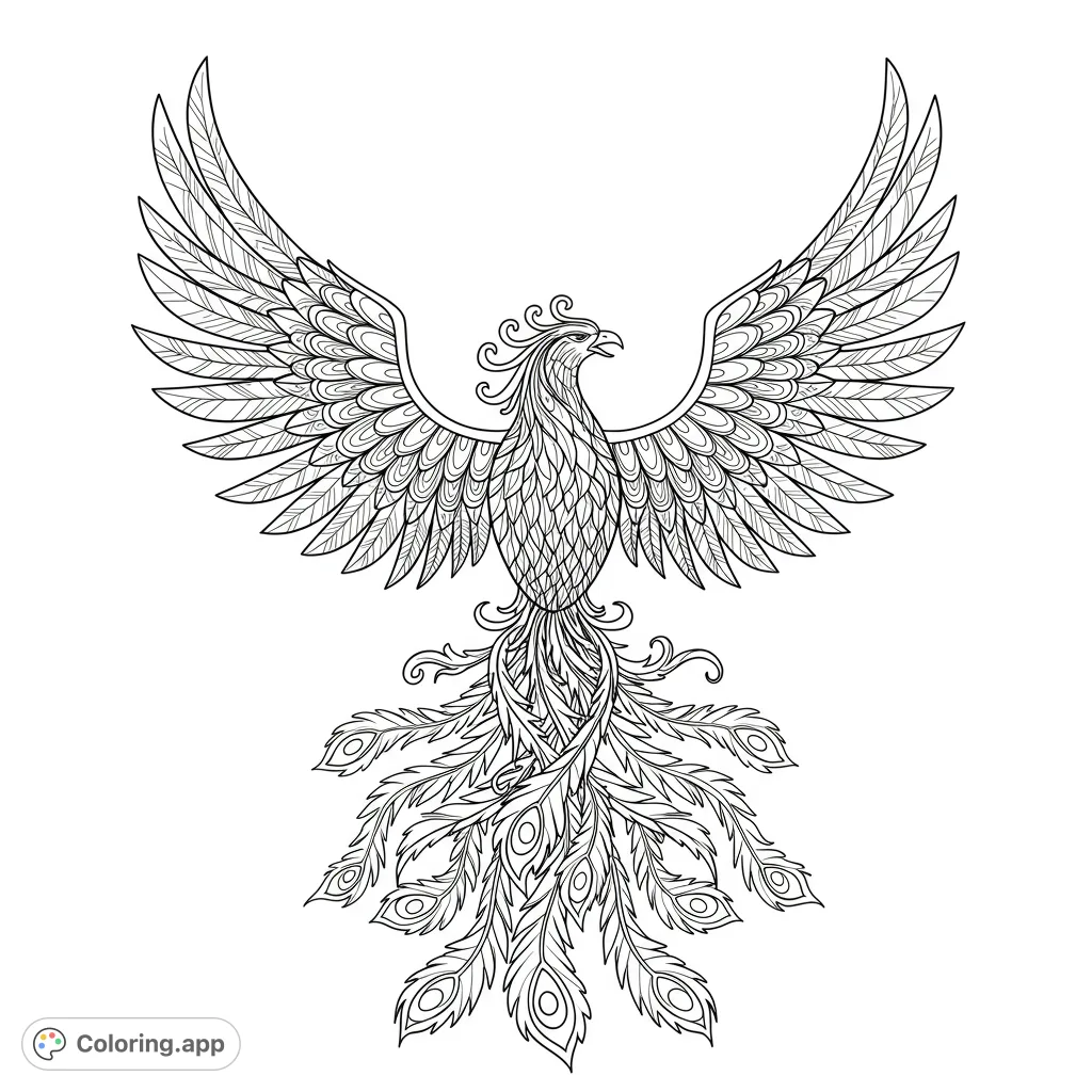 A majestic phoenix with intricately detailed feathers and outstretched wings, ready to be brought to life with vibrant colors. A captivating fantasy creature.