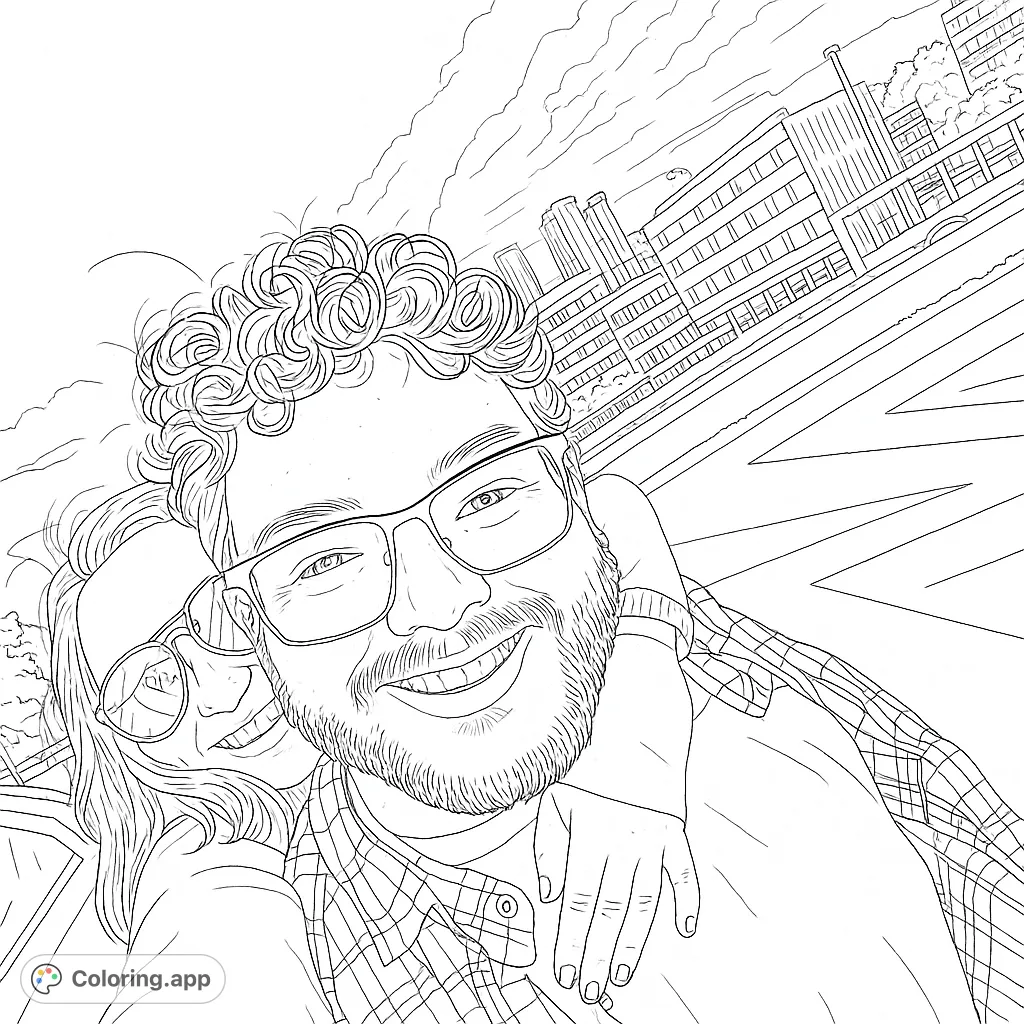 A joyful couple takes a selfie against a city backdrop. This detailed portrait coloring page is a free printable, perfect for adults and teens.