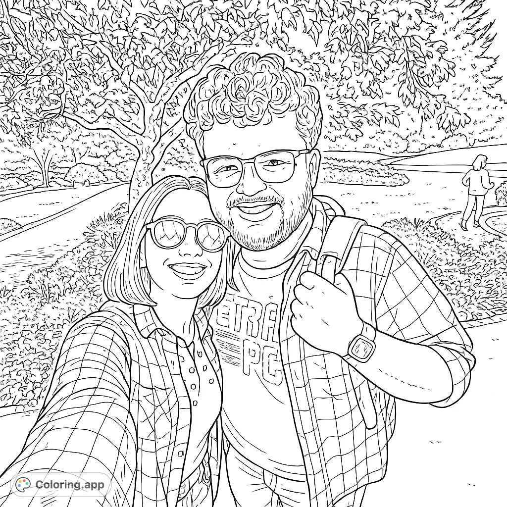A happy couple takes a selfie in a vibrant park, featuring detailed plaid shirts, lush foliage, and a scenic outdoor background. Perfect for personalizing.