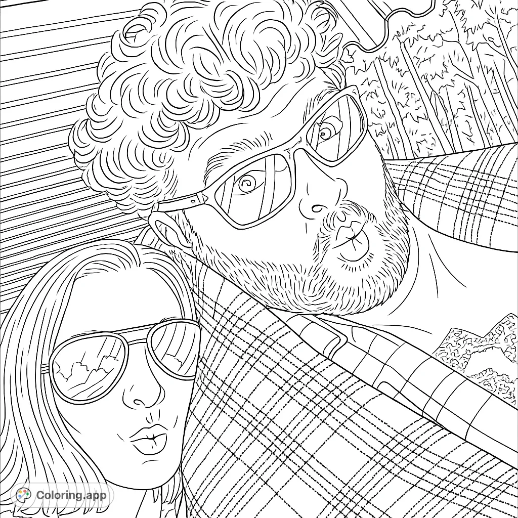 A playful portrait of a man with curly hair and a woman, both in sunglasses with puckered lips, set against a striped and tree-lined background. A fun free printable coloring page.