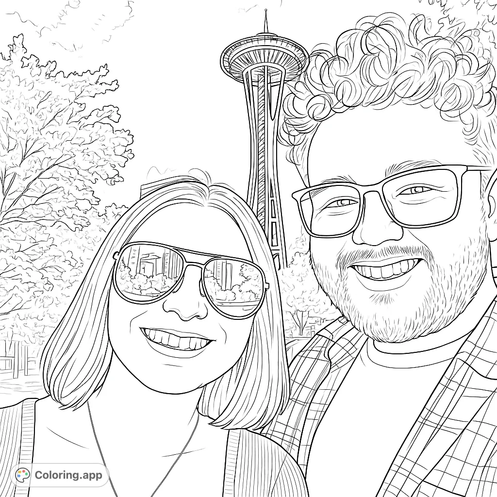 A joyful couple smiles in a selfie with the iconic Seattle Space Needle and lush trees in the background. A free printable Seattle couple coloring page.
