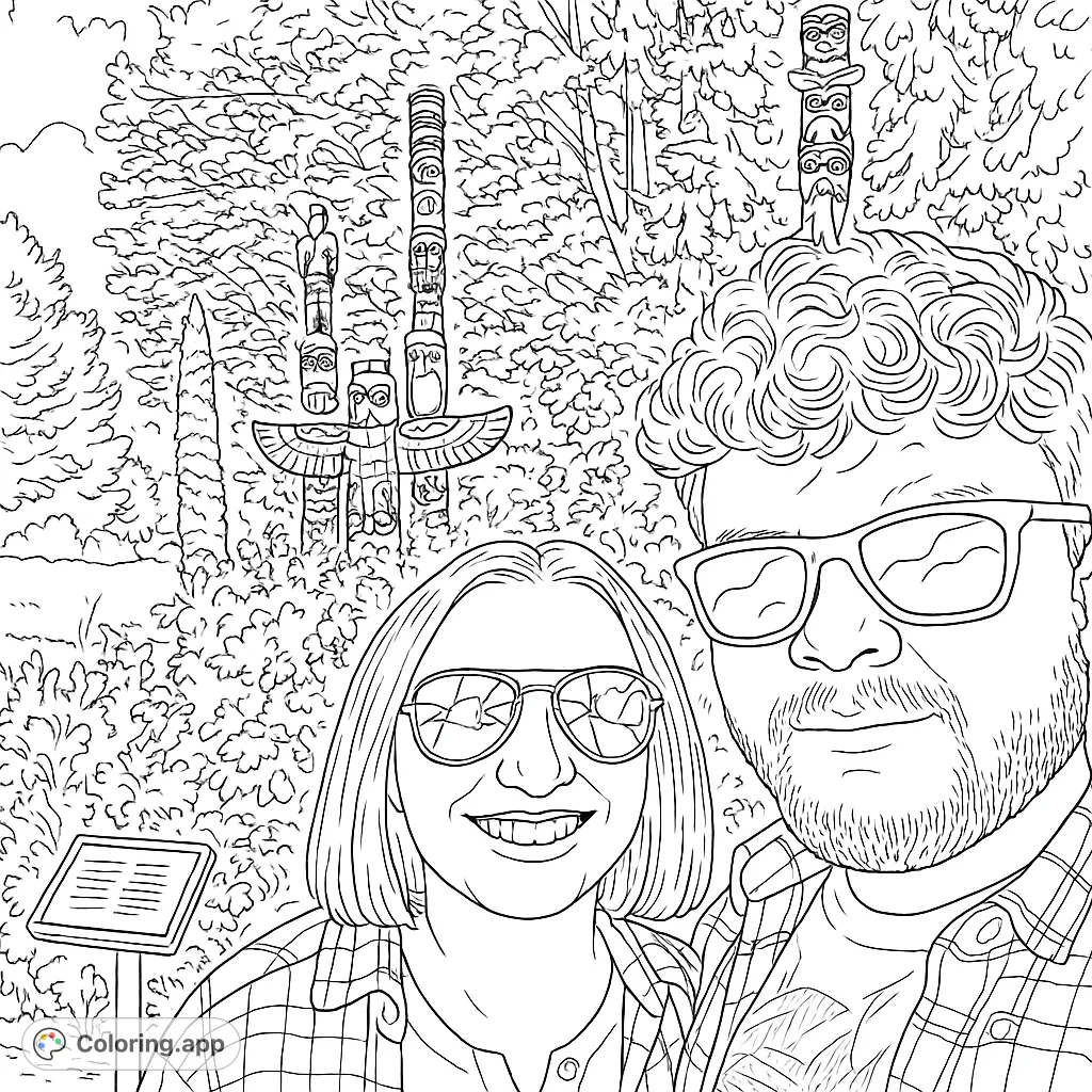 A happy couple poses in front of majestic totem poles and lush trees. A free printable cultural adventure coloring page for all ages.