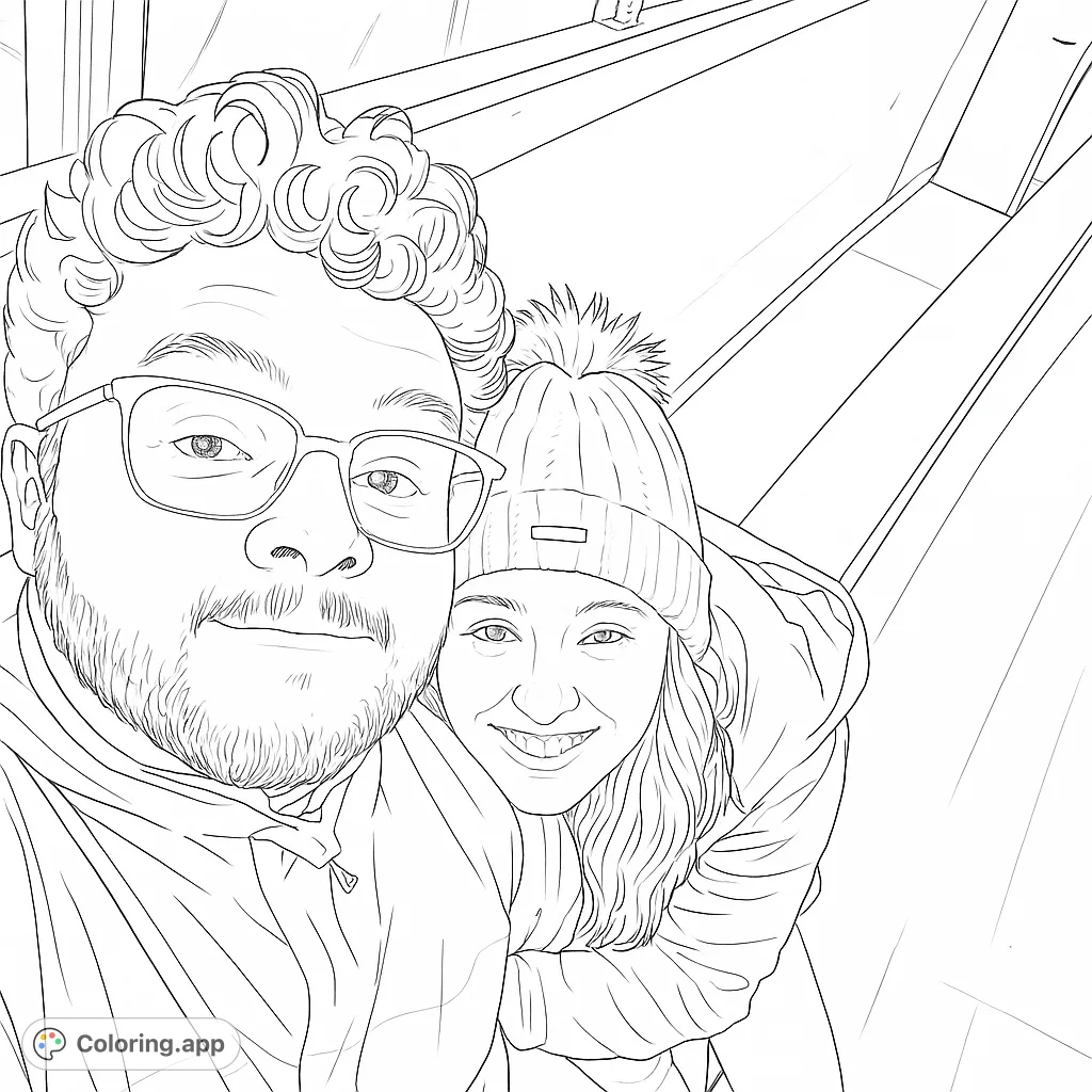 A heartwarming portrait of a smiling couple, perfect for a free printable coloring page. Features a man with glasses and a woman in a beanie.