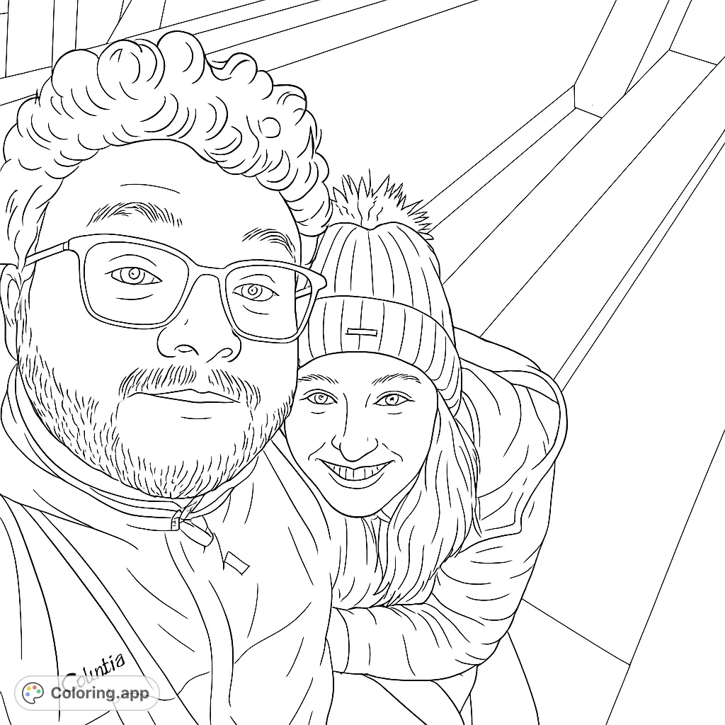 A heartwarming portrait of a couple bundled up for winter, perfect for a free printable coloring page. Features a man with glasses and a woman in a beanie.