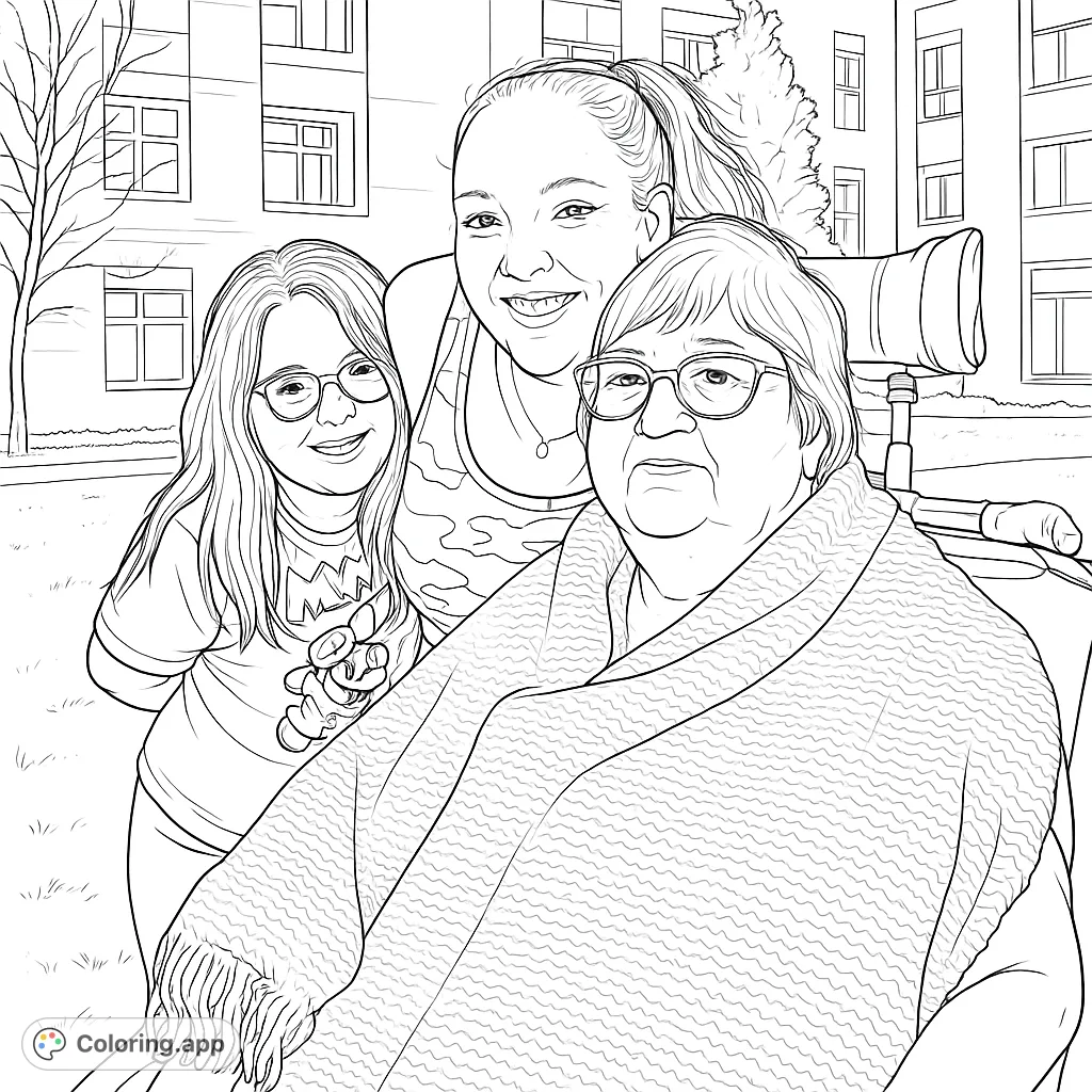 A heartwarming family portrait coloring page featuring three generations of women, perfect for all ages. A free printable coloring page for family fun.