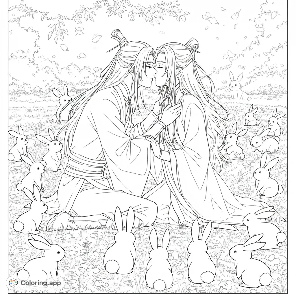 A serene romantic embrace between two figures in traditional robes, surrounded by adorable rabbits in a peaceful meadow. A beautiful, free printable coloring page.