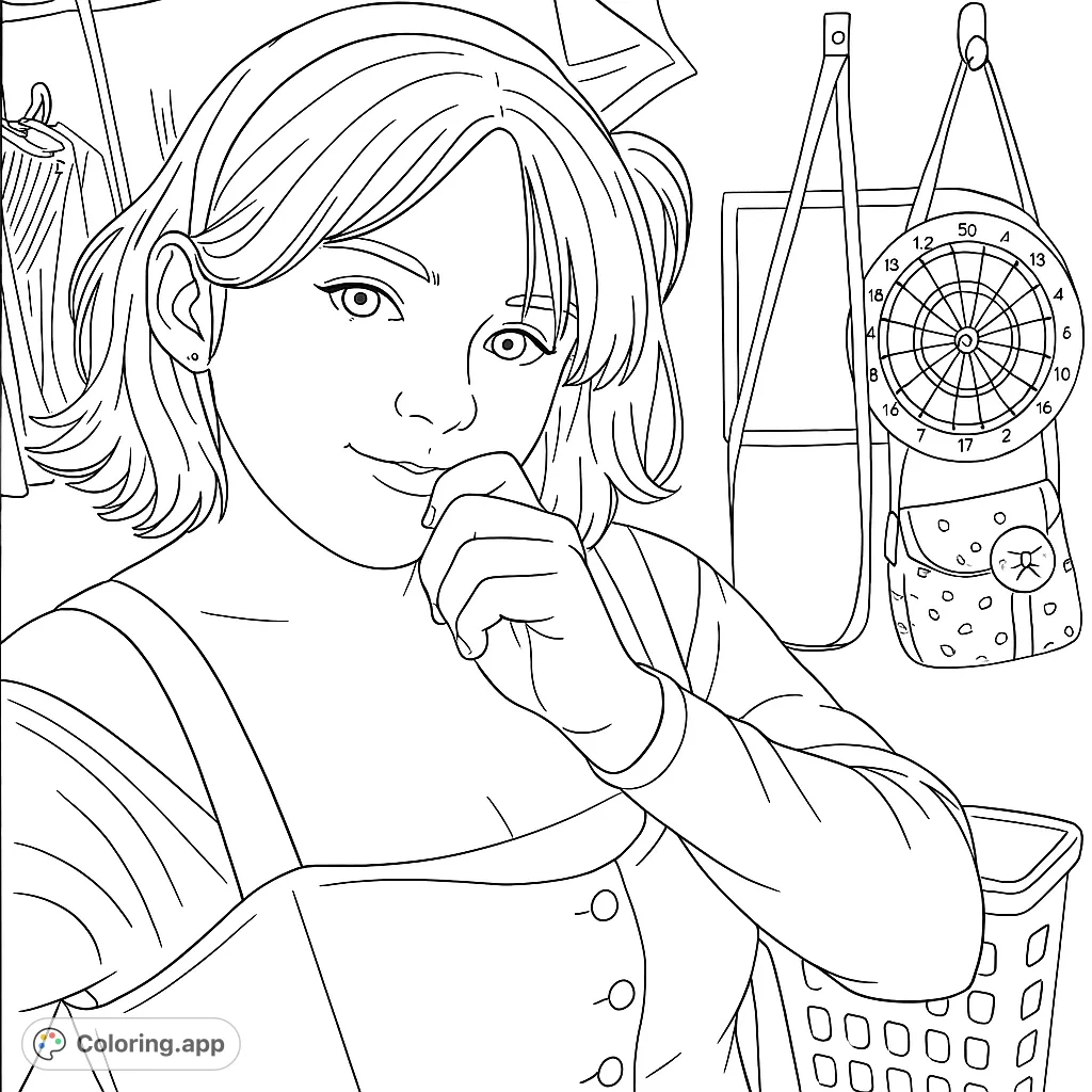 A charming black and white line drawing of a young woman in her room, featuring a dartboard and laundry basket. Perfect for creative coloring.