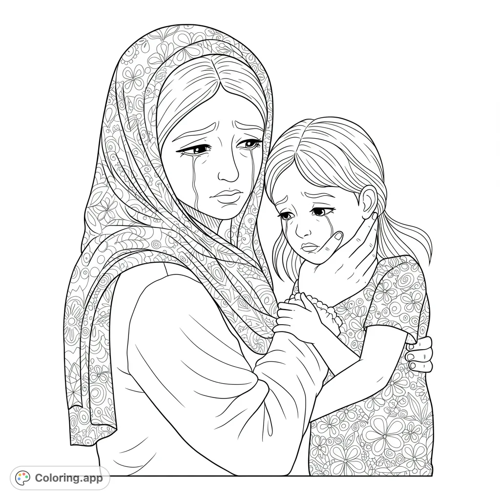 A poignant black and white line drawing of a woman comforting a crying child, featuring intricate patterns on their clothing. Perfect for empathetic coloring.