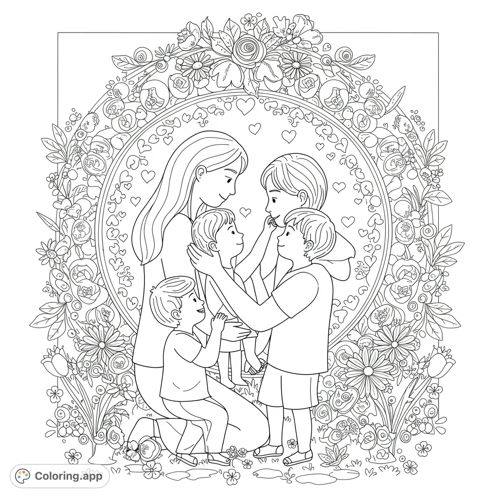 A beautiful family coloring page featuring a loving mother and her three children surrounded by an intricate floral wreath, perfect for expressing warmth and connection.