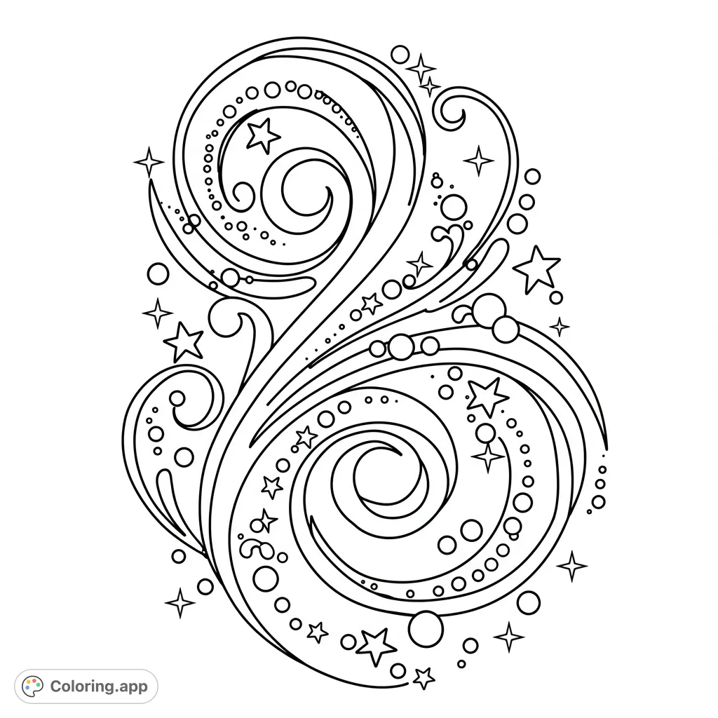 An enchanting abstract swirl coloring page featuring dynamic lines, sparkling stars, and playful circles, perfect for creative expression.