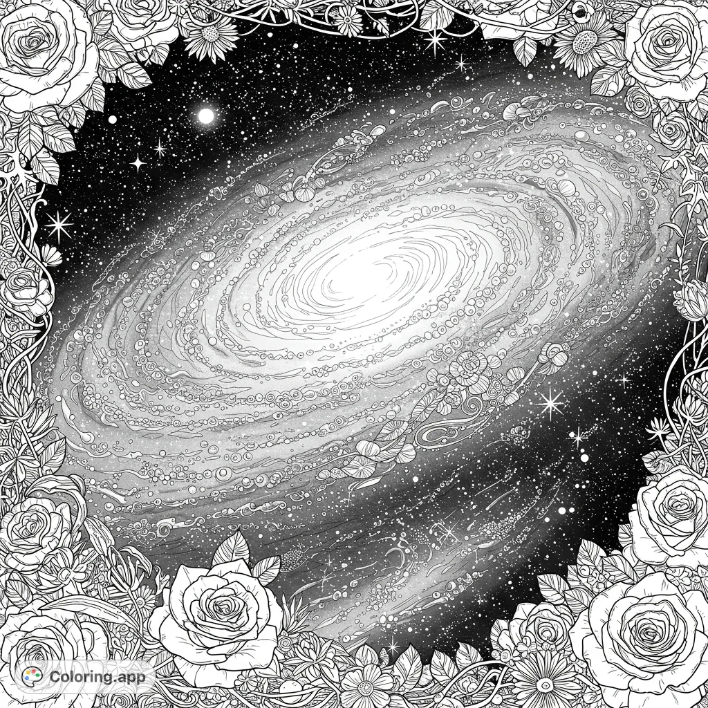 An intricate spiral galaxy framed by beautiful roses and swirling vines, perfect for a celestial and botanical coloring adventure.
