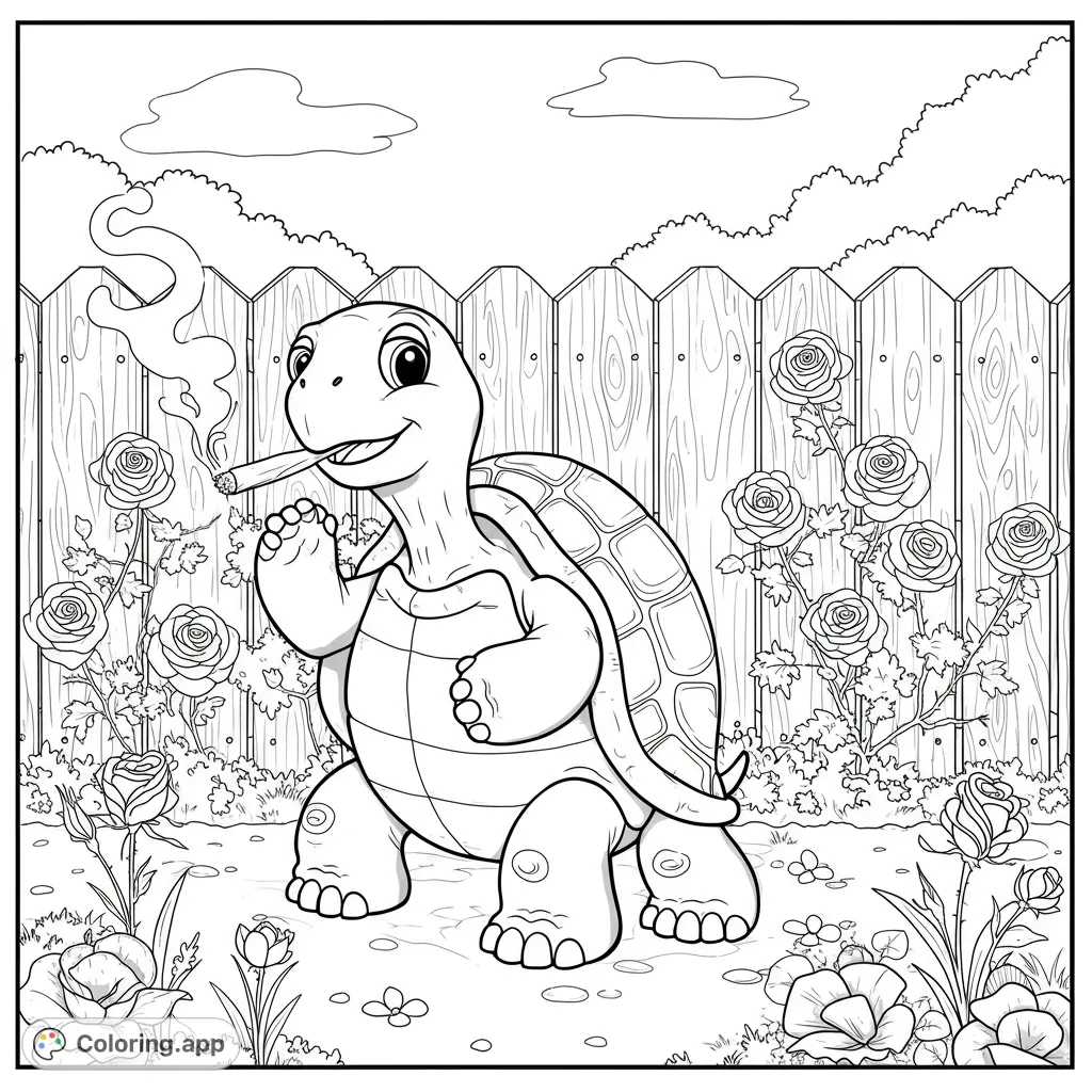 A charming garden turtle coloring page featuring a smiling turtle amidst blooming roses and a rustic fence, perfect for nature lovers.