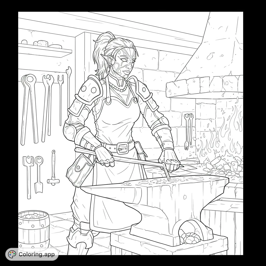 An elven blacksmith forges metal at an anvil in her workshop, surrounded by tools and a roaring fire. A detailed fantasy scene for coloring.