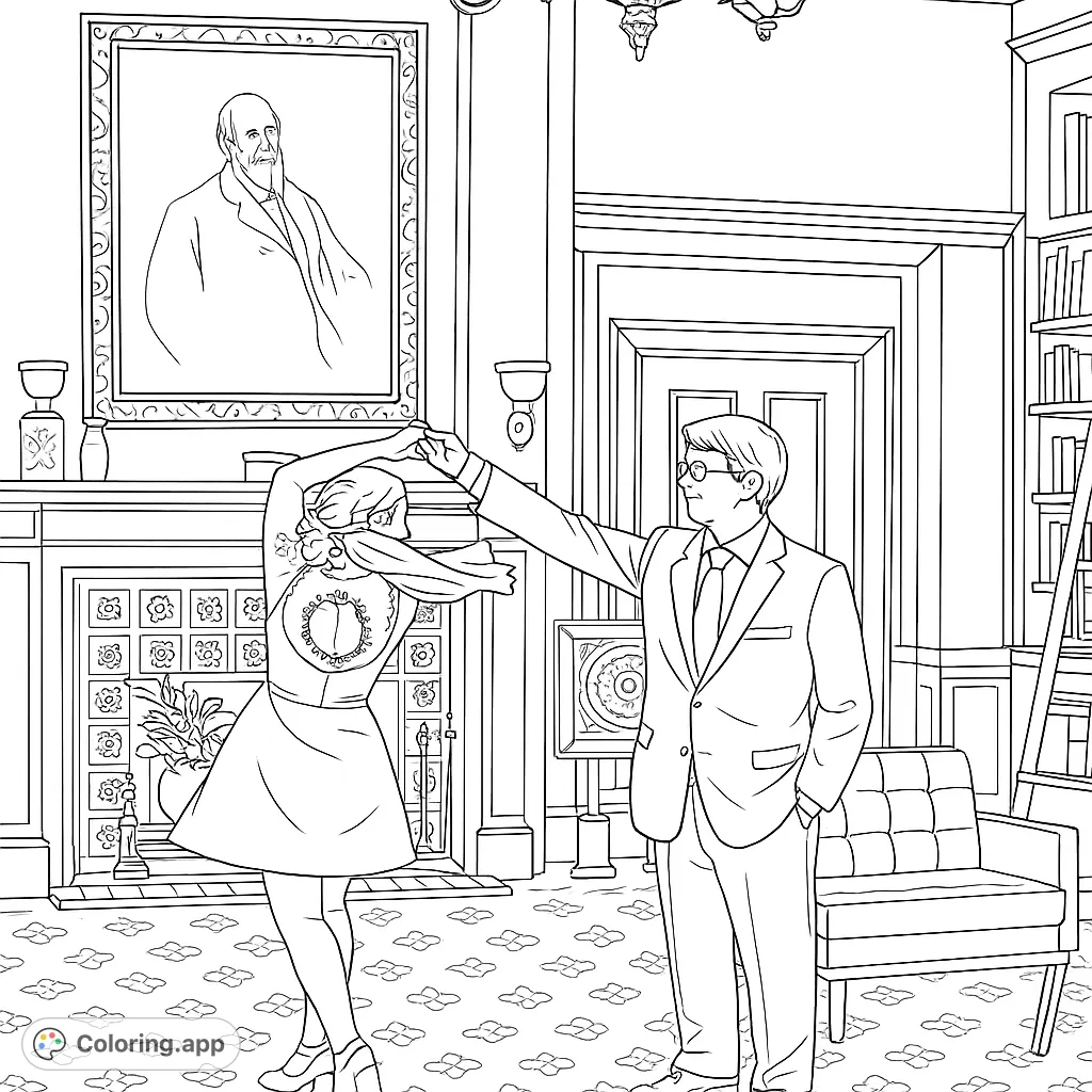 An elegant ballroom dance scene featuring a couple in a grand interior with a detailed fireplace, portrait, and bookshelves. Perfect for sophisticated coloring.