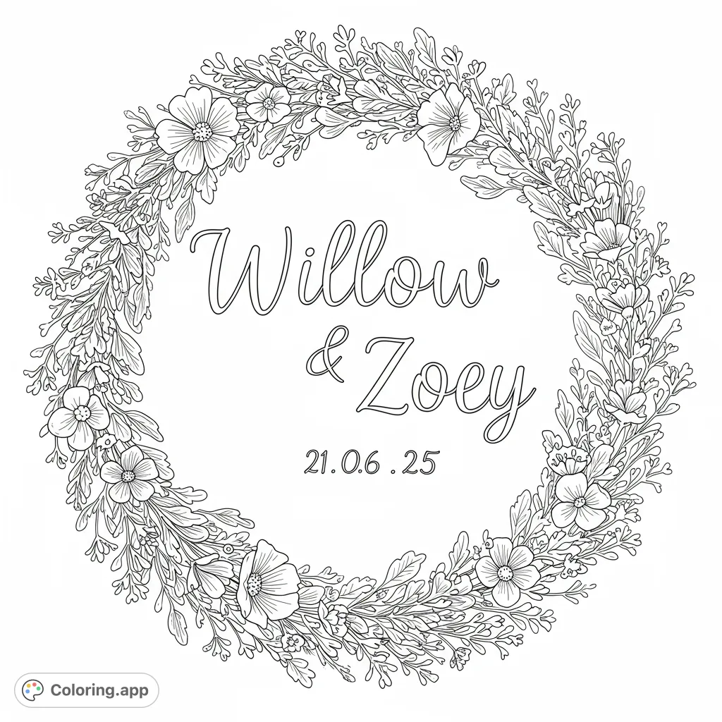An elegant botanical floral wreath coloring page, perfect for nature lovers. Features intricate leaves and blossoms, a free printable coloring page for all ages.