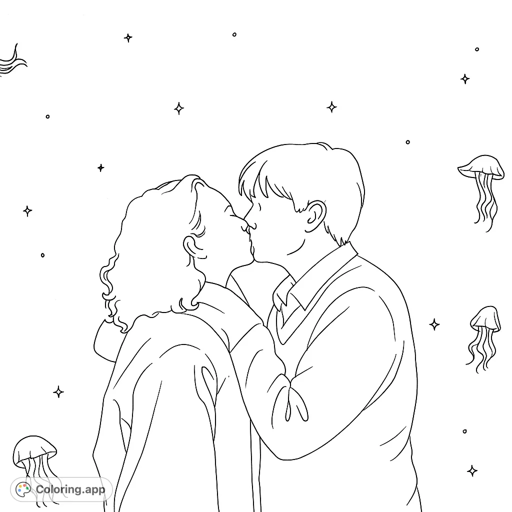 Capture a magical kiss surrounded by whimsical jellyfish and sparkling stars. A romantic and dreamy scene perfect for creative coloring.