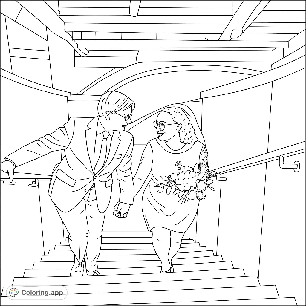 Celebrate love with this wedding couple coloring page! A happy bride and groom descend stairs, holding hands, ready for their new journey.