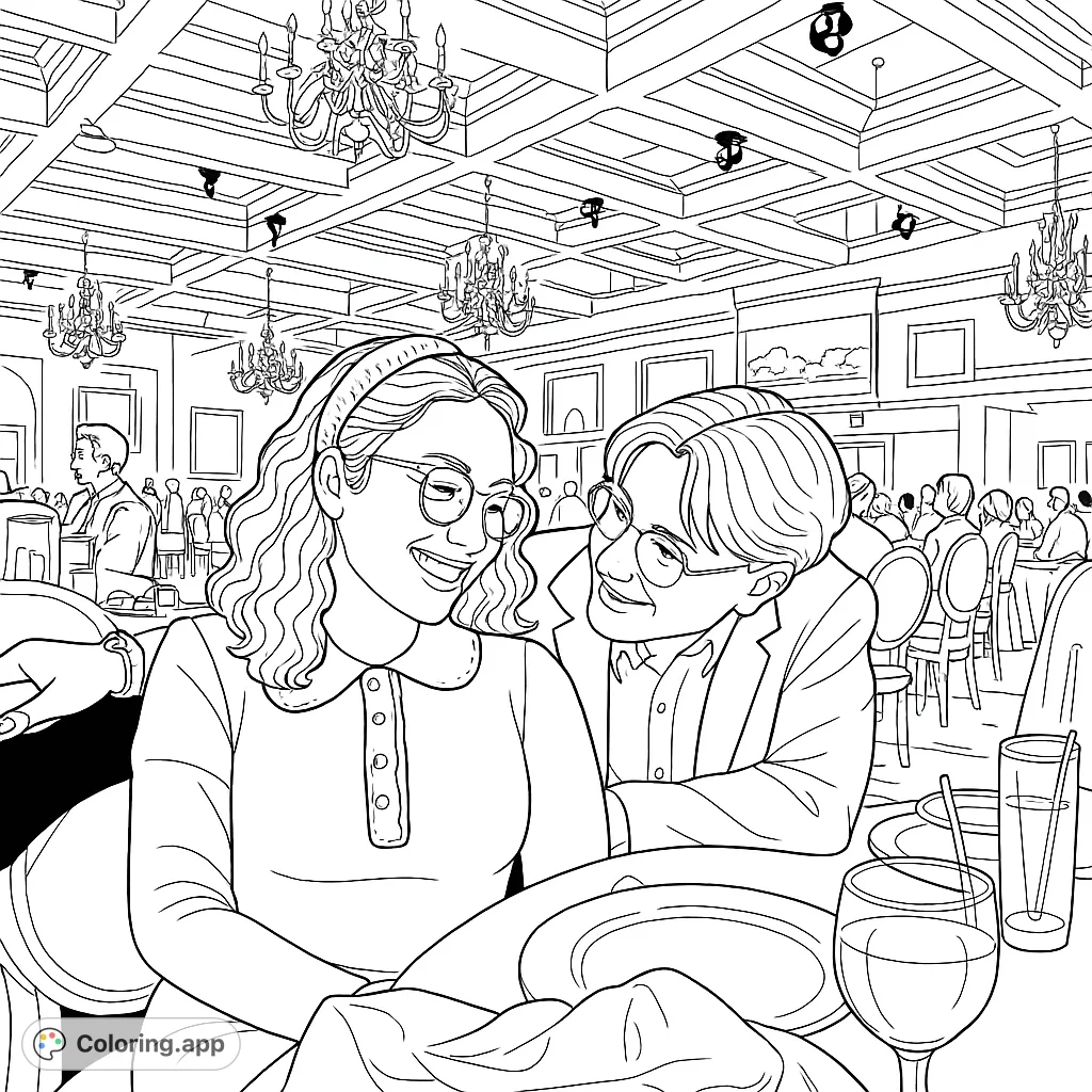 A romantic restaurant coloring page featuring a smiling couple on a date, surrounded by elegant dining ambiance. Free printable coloring page for adults.
