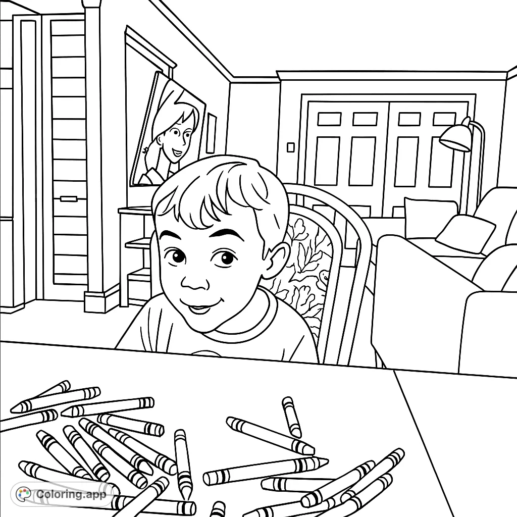 A happy boy ready to color with a pile of crayons, watched by a smiling woman. A delightful scene for kids and adults to bring to life!
