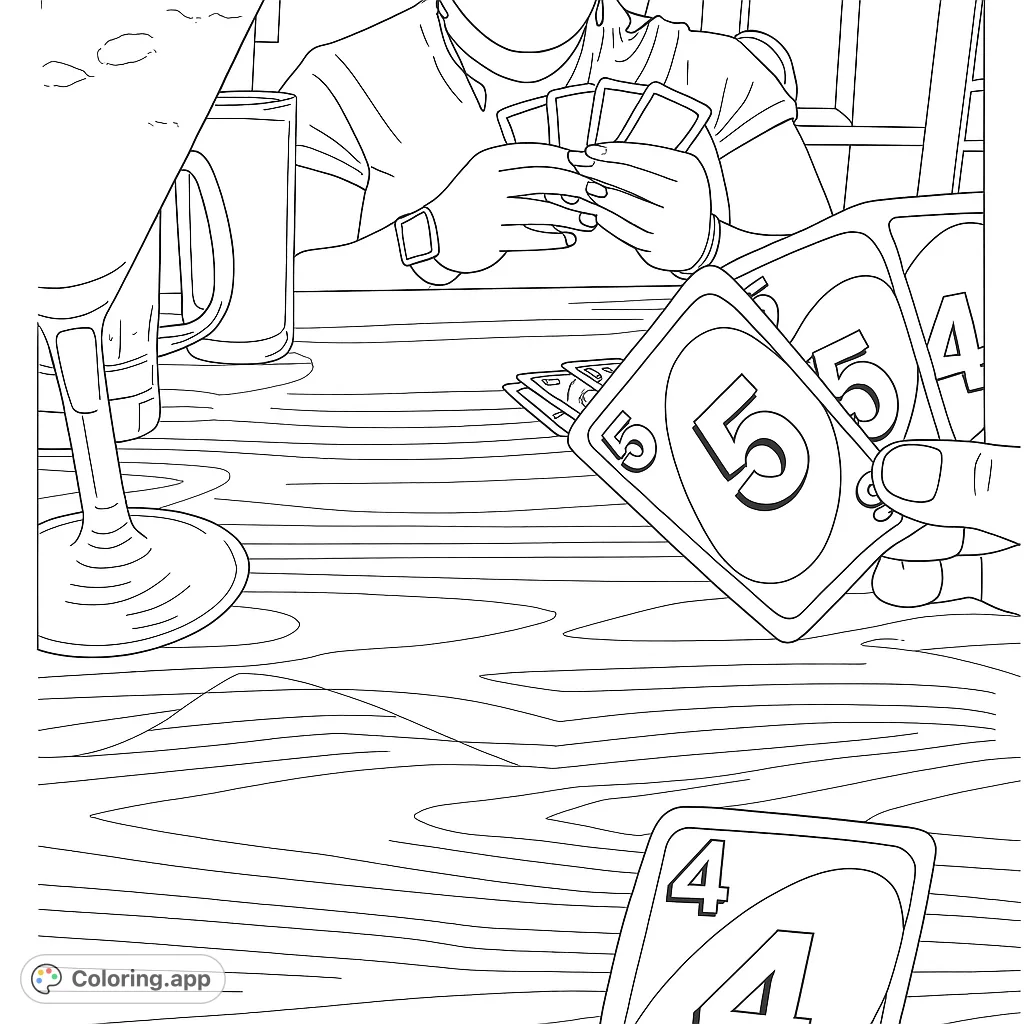 Engaging card game scene with hands, cards, and drinks on a wooden table. A fun, free printable card game coloring page for all ages.