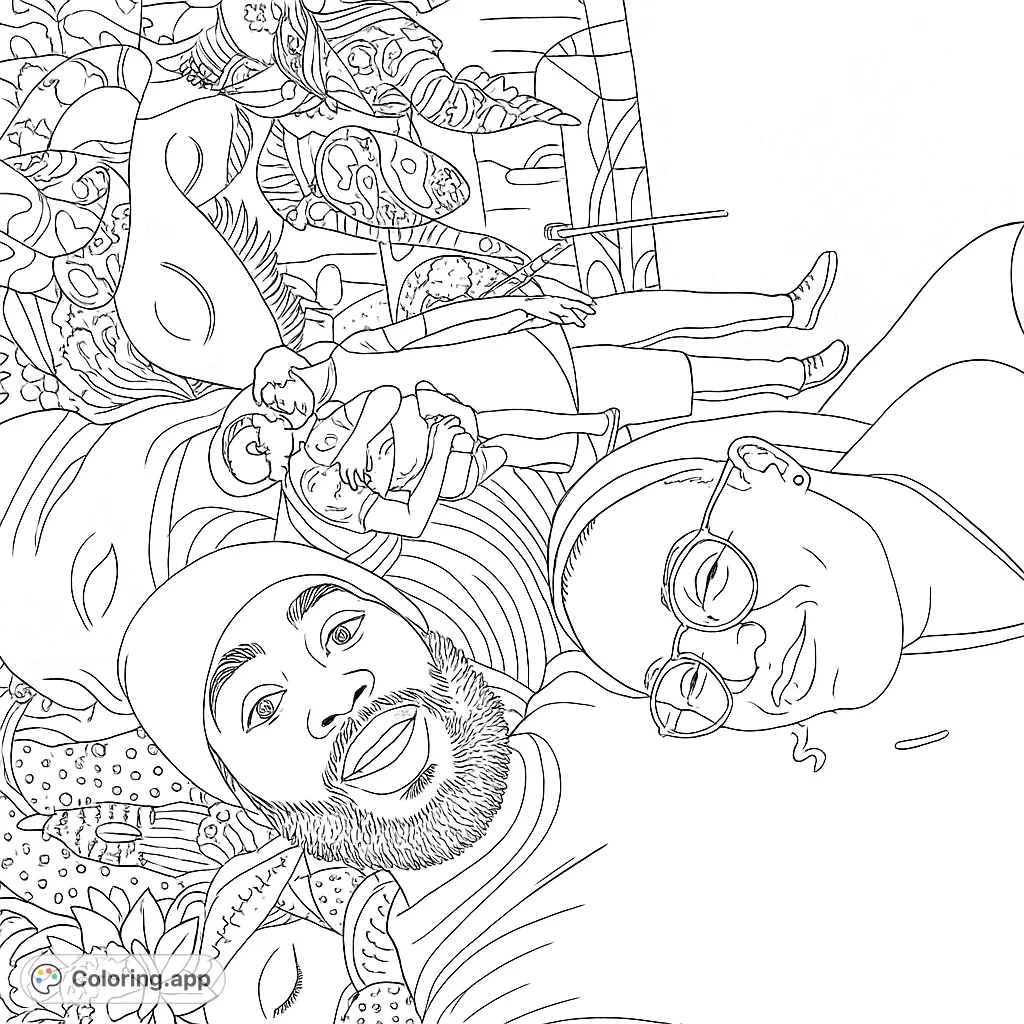 Explore a unique abstract art coloring page featuring diverse figures intertwined with organic shapes and intricate patterns, perfect for creative expression.