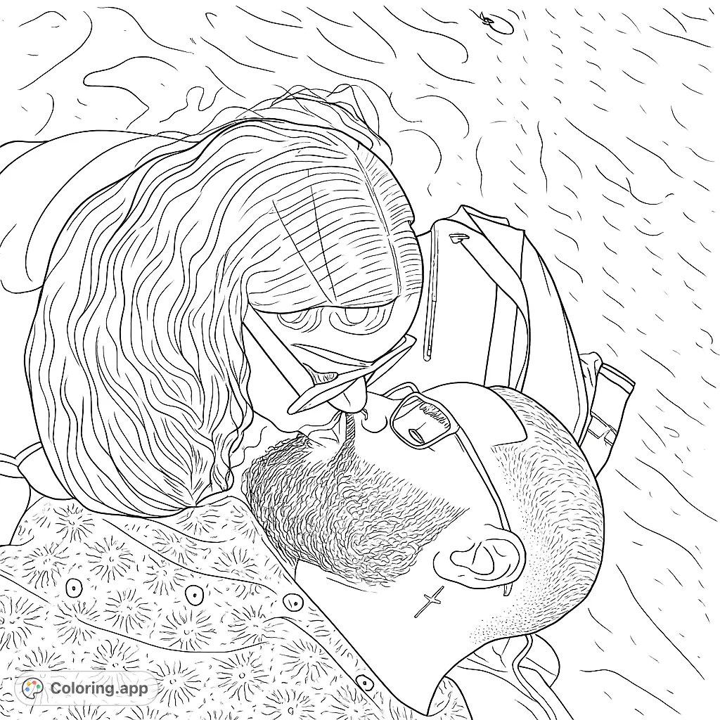 Experience a unique futuristic romance coloring page featuring an intimately embracing couple with detailed hair, beard, and sci-fi elements. Free printable.