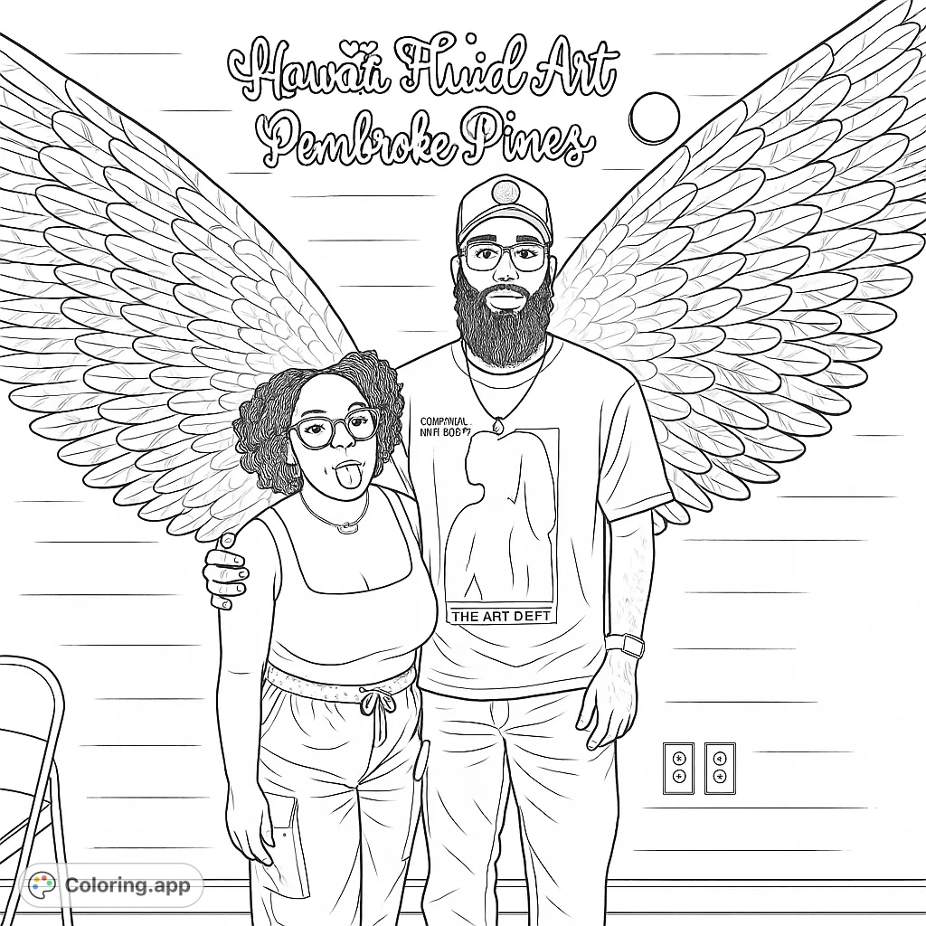 A playful couple with large, detailed wings behind them, perfect for a free printable portrait coloring page. Express your creativity!