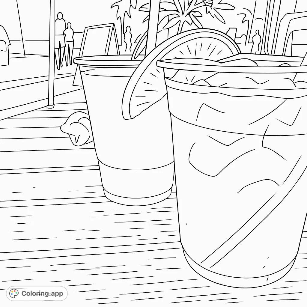Two refreshing drinks on a wooden table, with a vibrant beach or boardwalk scene in the background. Perfect for a relaxing summer coloring page.