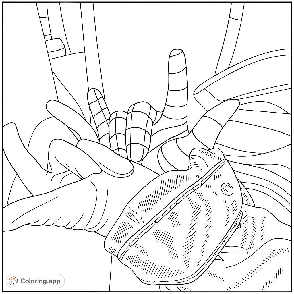 Expressive hand gestures in a dynamic composition. A 'rock on' hand and a textured pouch invite creative coloring for all ages.
