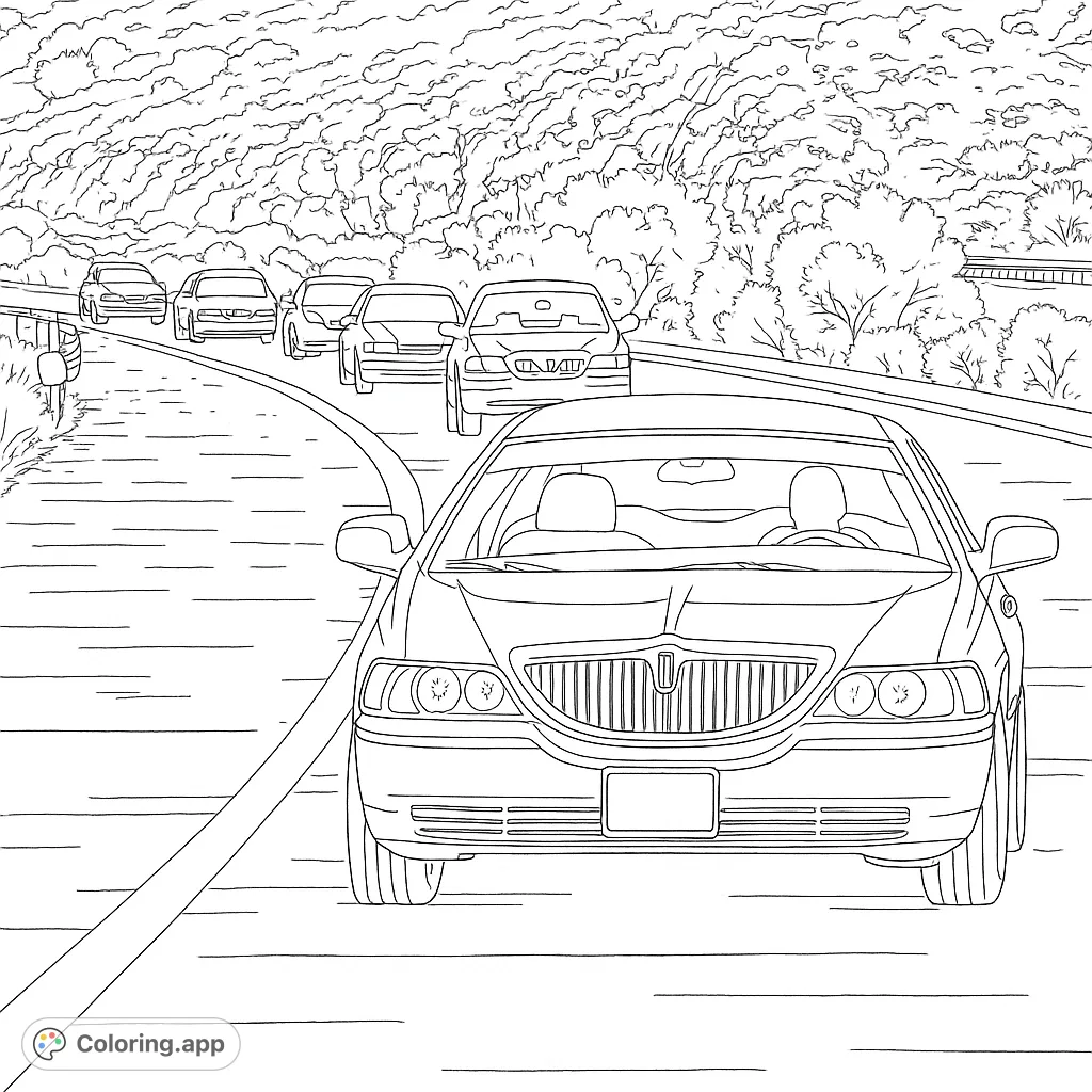 A dynamic car convoy coloring page featuring a detailed sedan leading a line of vehicles on a winding road through lush scenery. Perfect for vehicle enthusiasts.