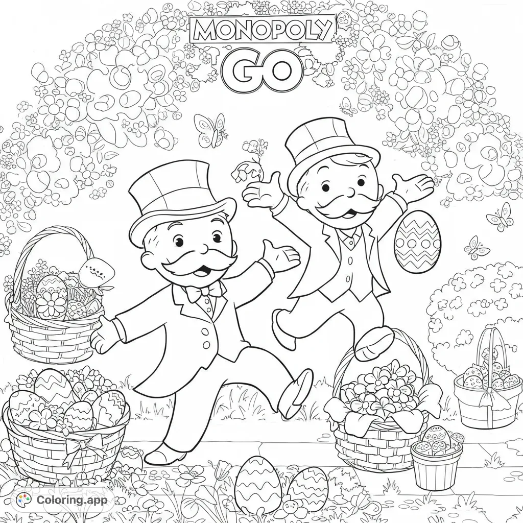Joyful Monopoly characters celebrate Easter amidst flowers, eggs, and baskets. A fun, free printable spring coloring page for all ages!