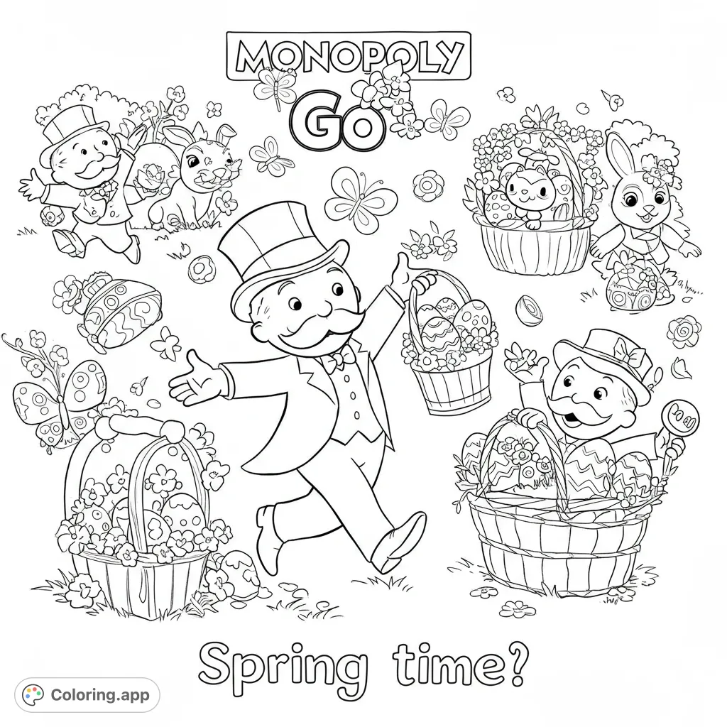 Join Mr. Monopoly and friends for an egg-cellent Easter spring adventure! This free printable coloring page features bunnies, eggs, and flowers for festive fun.