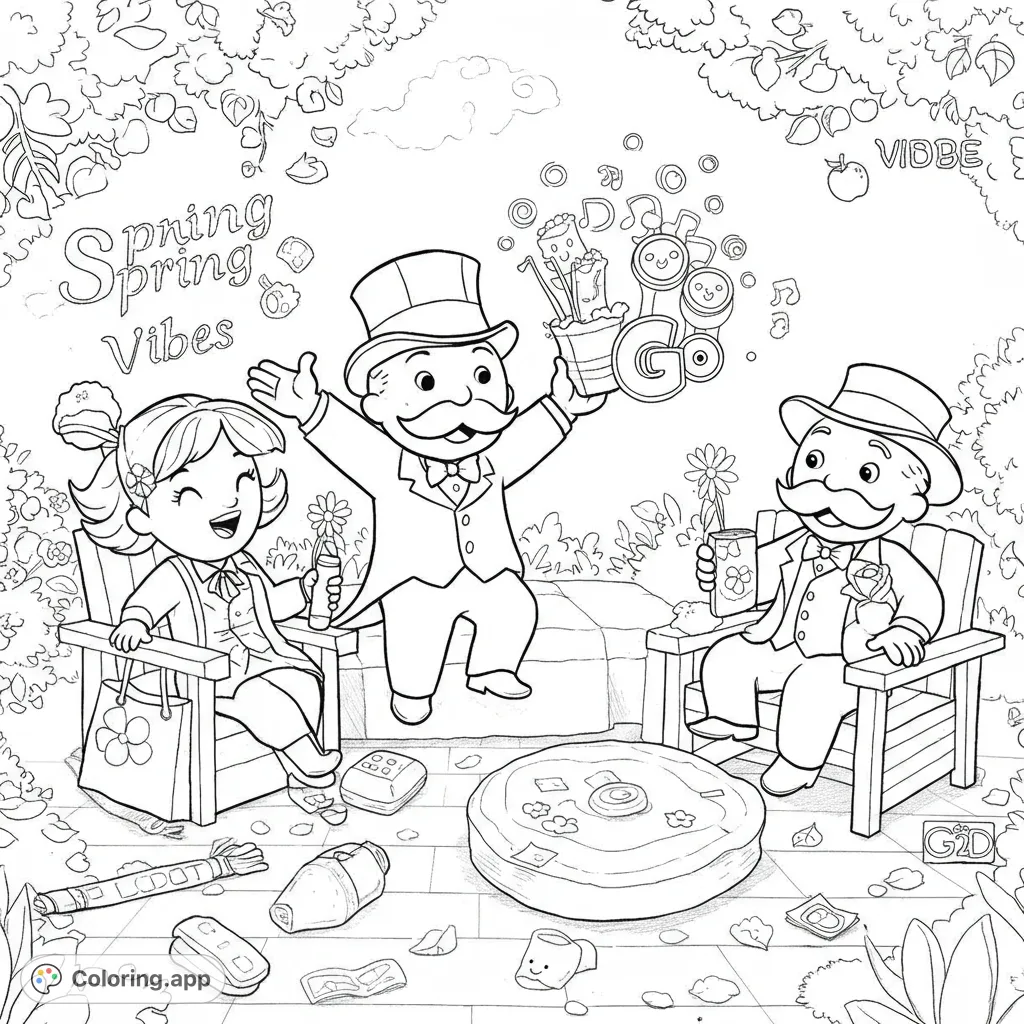 A delightful spring garden scene with classic board game characters enjoying an outdoor gathering, perfect for a fun and relaxing coloring experience.
