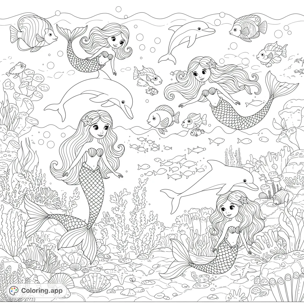 Dive into an enchanting mermaid coloring page featuring graceful mermaids, playful dolphins, and vibrant sea life amidst intricate coral reefs. Perfect for all ages.