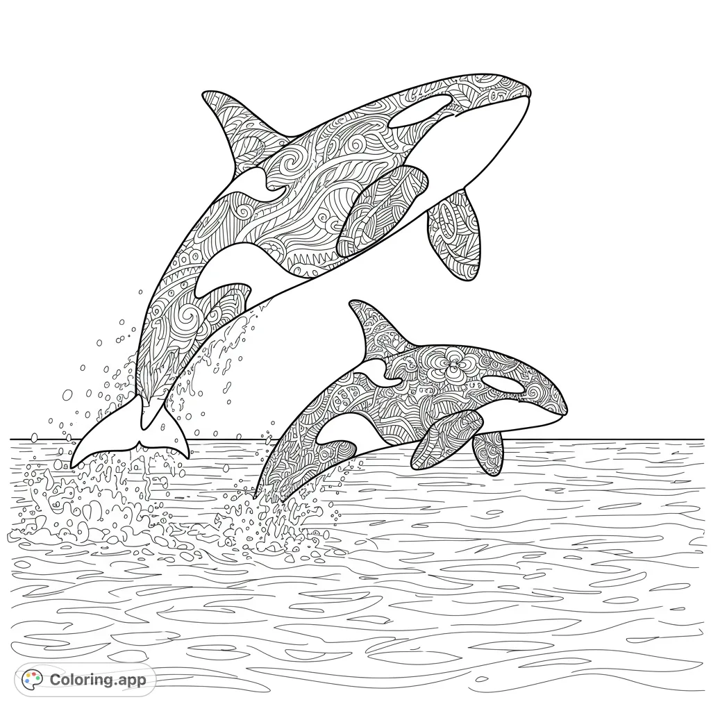 Dive into this intricate orca coloring page featuring two majestic killer whales adorned with detailed zentangle patterns, leaping from the ocean waves.