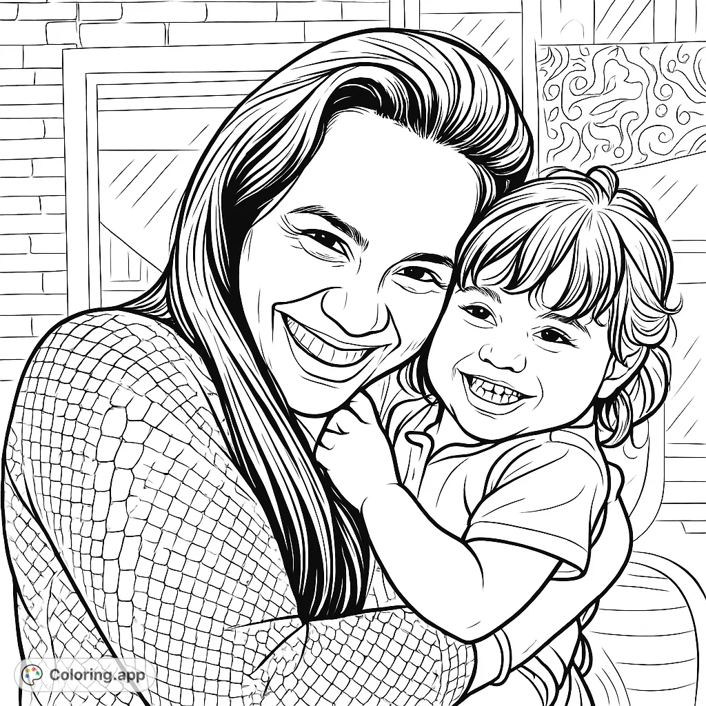 Heartwarming black and white line drawing of a smiling mother embracing her joyful child, perfect for a free printable coloring page.