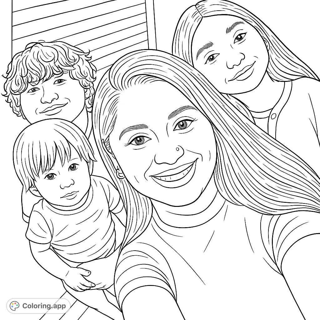 A heartwarming family selfie featuring a mother, two children, and a baby, perfect for a free printable family coloring page. Capture their joy!