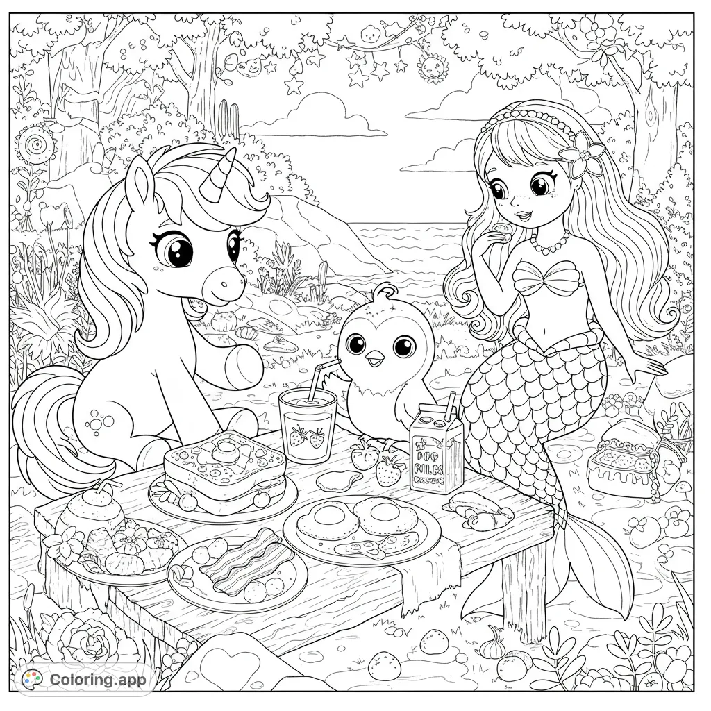 A delightful unicorn, mermaid, and bird enjoy a magical picnic by the water, featuring pancakes, eggs, and fruit. A charming fantasy scene for all ages.