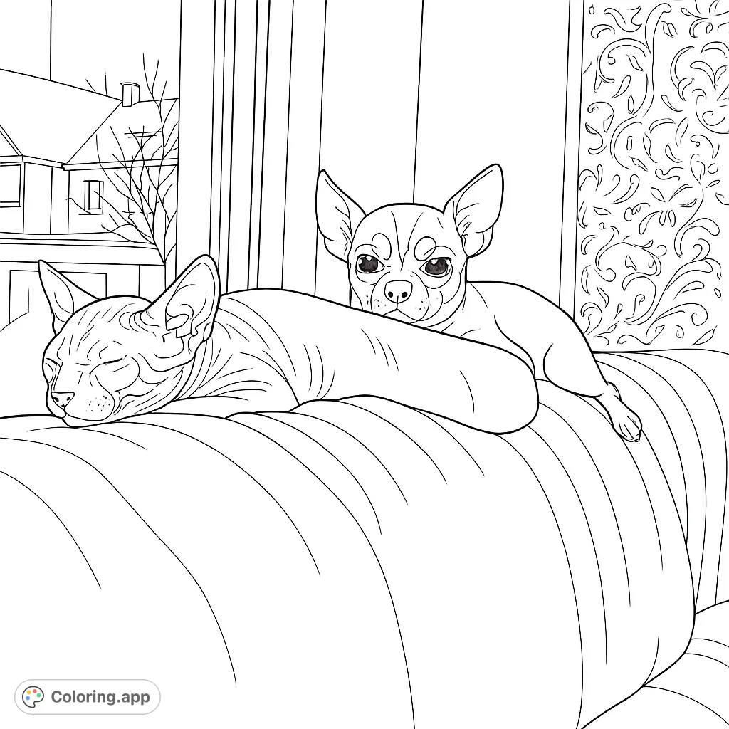A cozy pet friends coloring page featuring a sleeping Sphynx cat and a curious Chihuahua on a sofa, perfect for animal lovers.