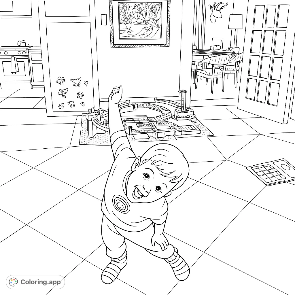 A joyful boy reaches up in a lively home scene with a detailed toy train set, kitchen, and dining room. A fun, free printable coloring page for kids.