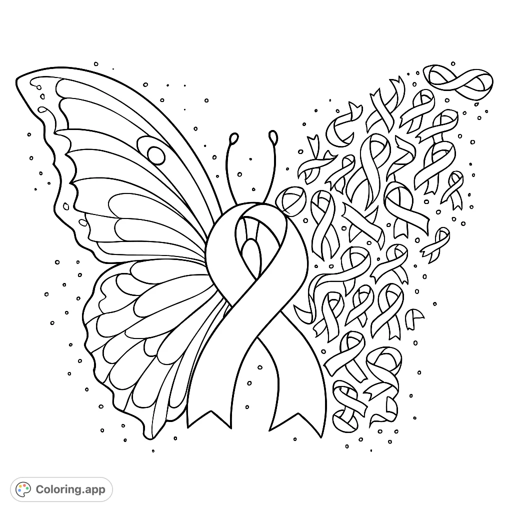 A symbolic awareness ribbon butterfly coloring page, featuring a detailed wing and a wing made of many ribbons, perfect for free printable coloring.