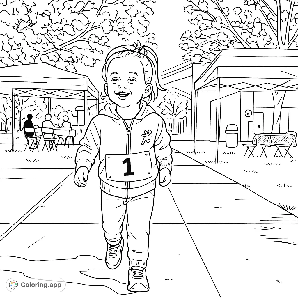 A happy child runs in a fun race, wearing a bib, with tents and trees in the background. A free printable fun run coloring page for kids.