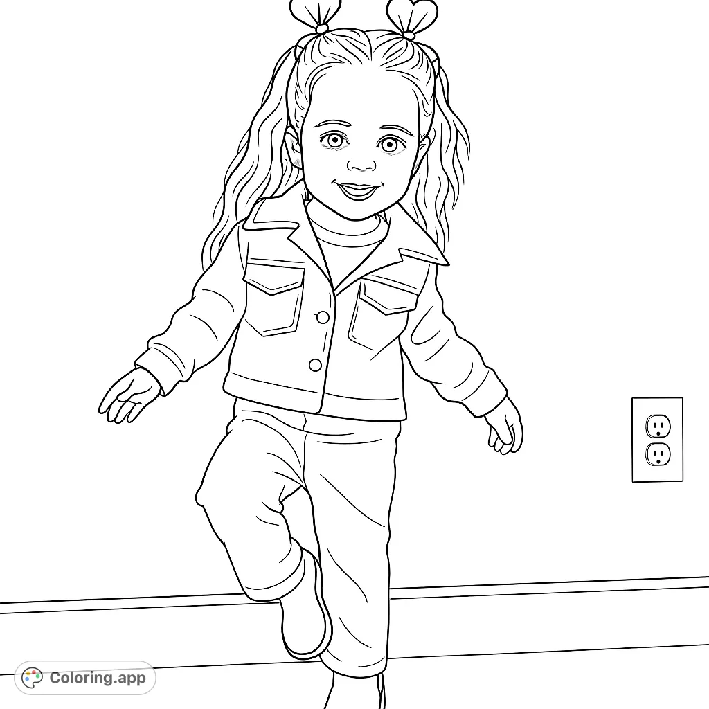 A delightful toddler girl with heart pigtails, wearing a jacket and pants, ready for a fun coloring adventure. A free printable coloring page for kids!